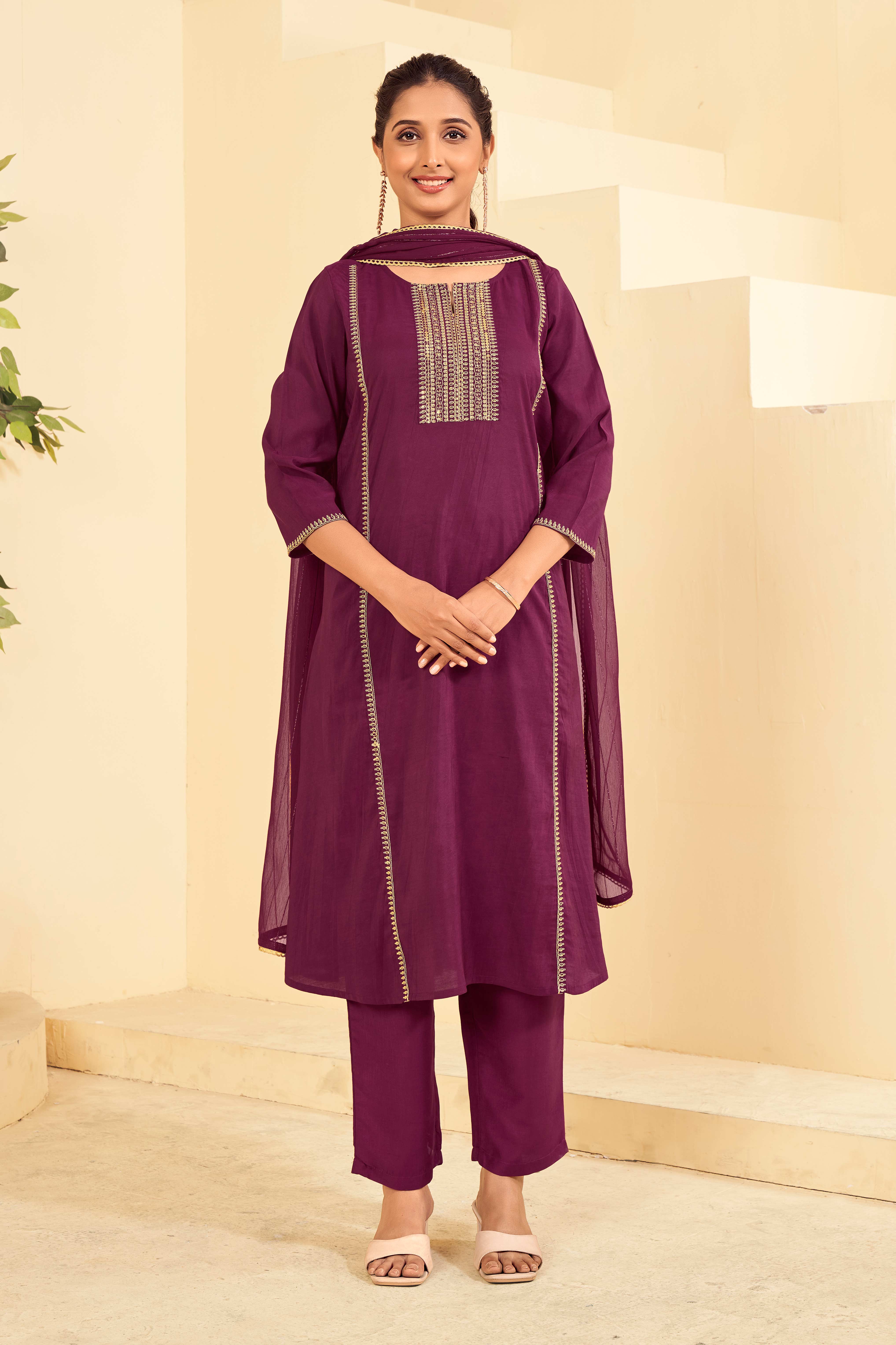 Laxmipati Tara Sequin Work Straight Kurta Set with Trousers & Dupatta in Wine Color