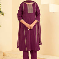 Laxmipati Tara Sequin Work Straight Kurta Set with Trousers & Dupatta in Wine Color