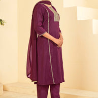 Laxmipati Tara Sequin Work Straight Kurta Set with Trousers & Dupatta in Wine Color