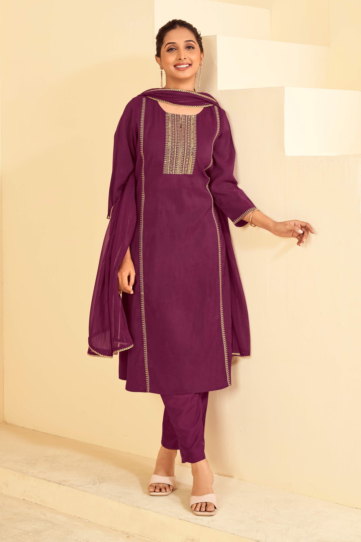 Laxmipati Tara Sequin Work Straight Kurta Set with Trousers & Dupatta in Wine Color