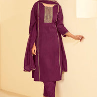 Laxmipati Tara Sequin Work Straight Kurta Set with Trousers & Dupatta in Wine Color