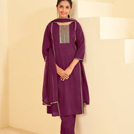 Laxmipati Tara Sequin Work Straight Kurta Set with Trousers & Dupatta in Wine Color