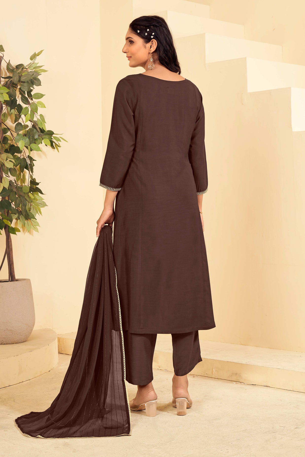 Laxmipati Tara Sequin Work Straight Kurta Set with Trousers & Dupatta in Brown Color