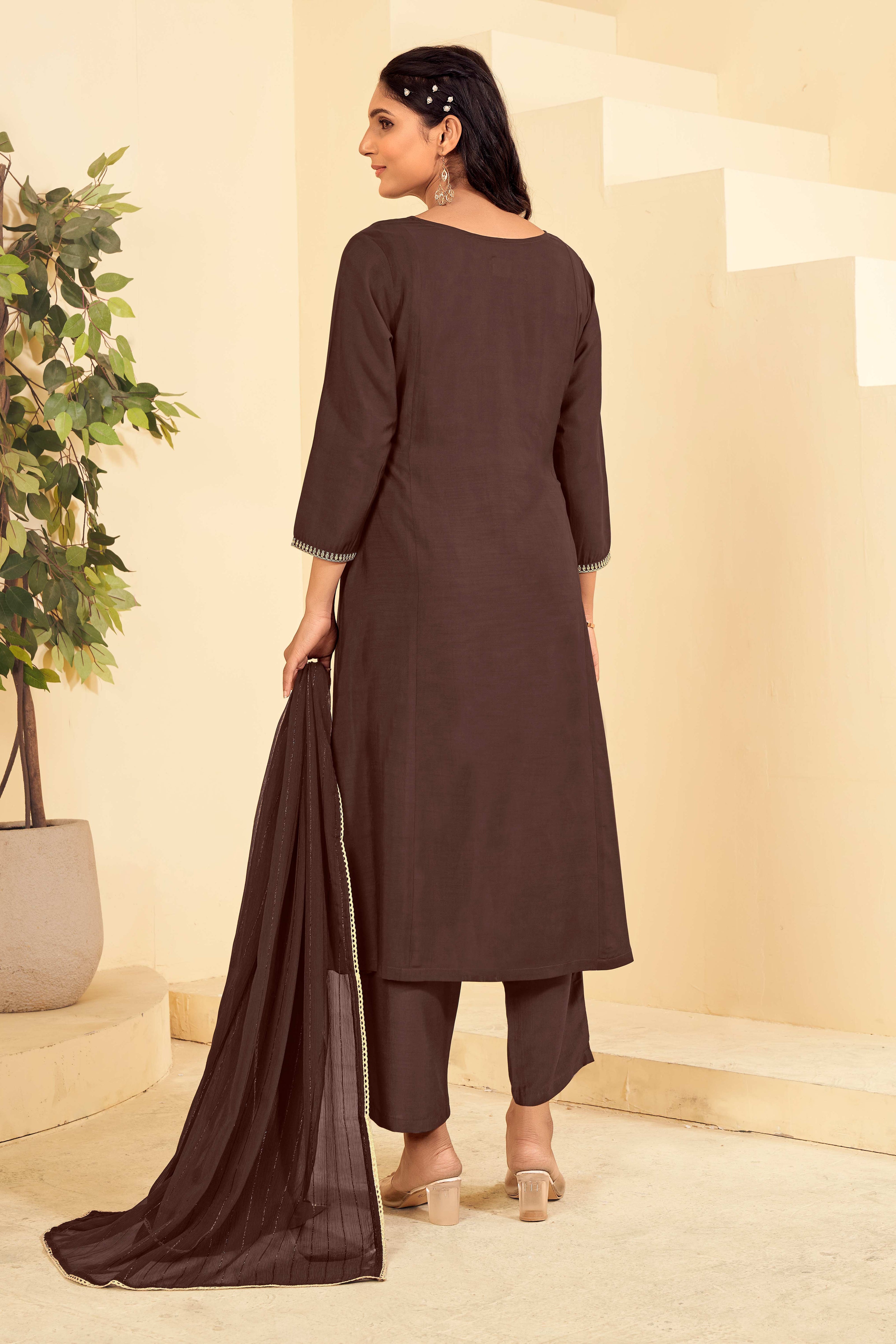 Laxmipati Tara Sequin Work Straight Kurta Set with Trousers & Dupatta in Brown Color