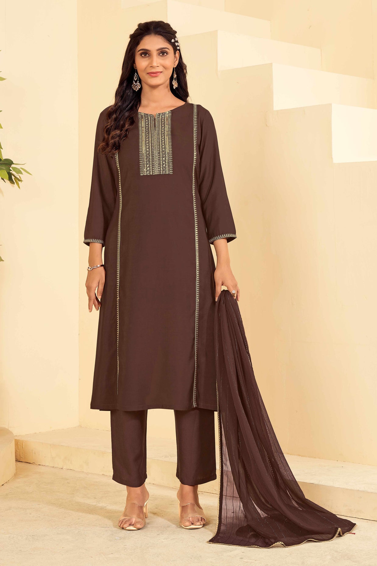 Laxmipati Tara Sequin Work Straight Kurta Set with Trousers & Dupatta in Brown Color