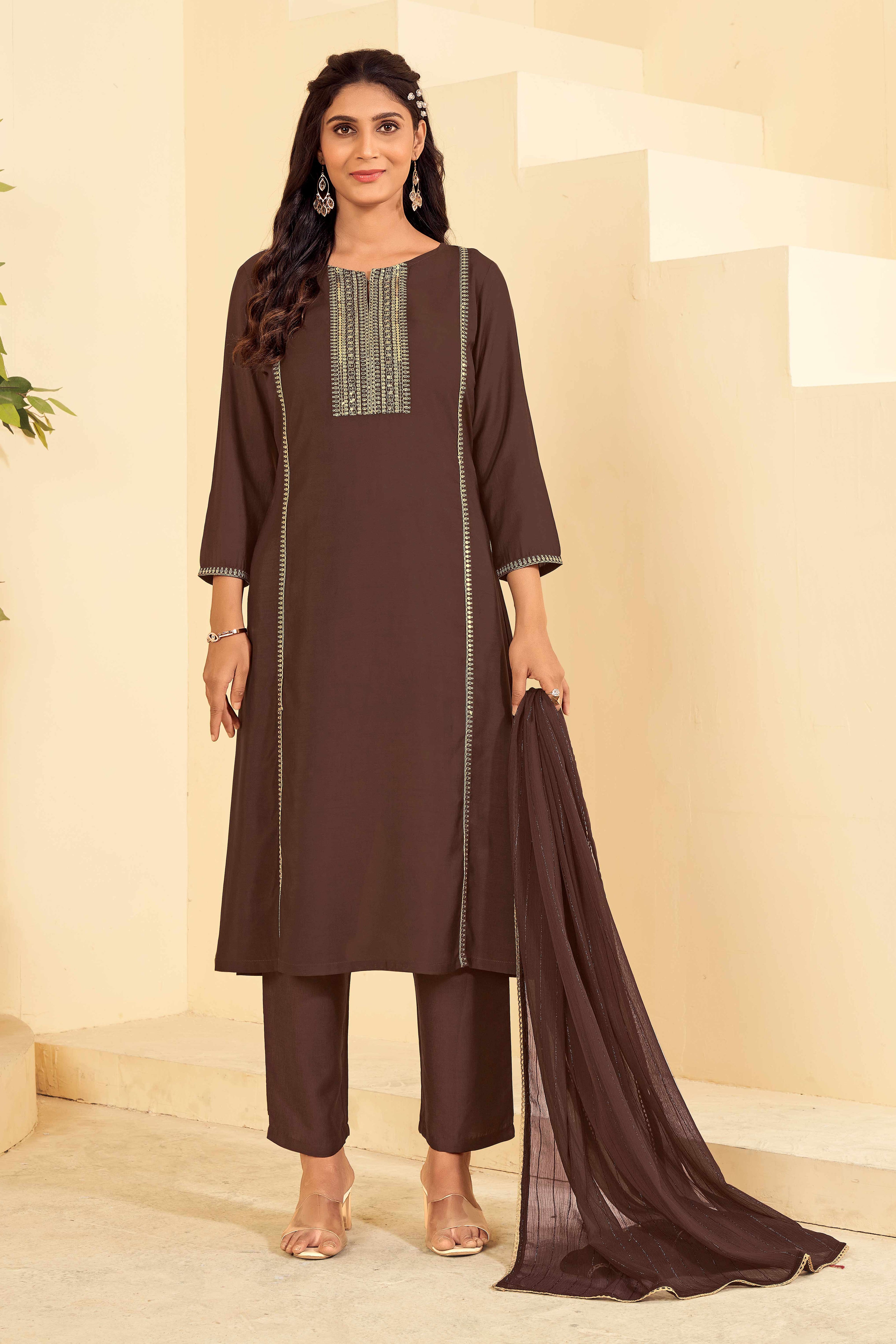 Laxmipati Tara Sequin Work Straight Kurta Set with Trousers & Dupatta in Brown Color