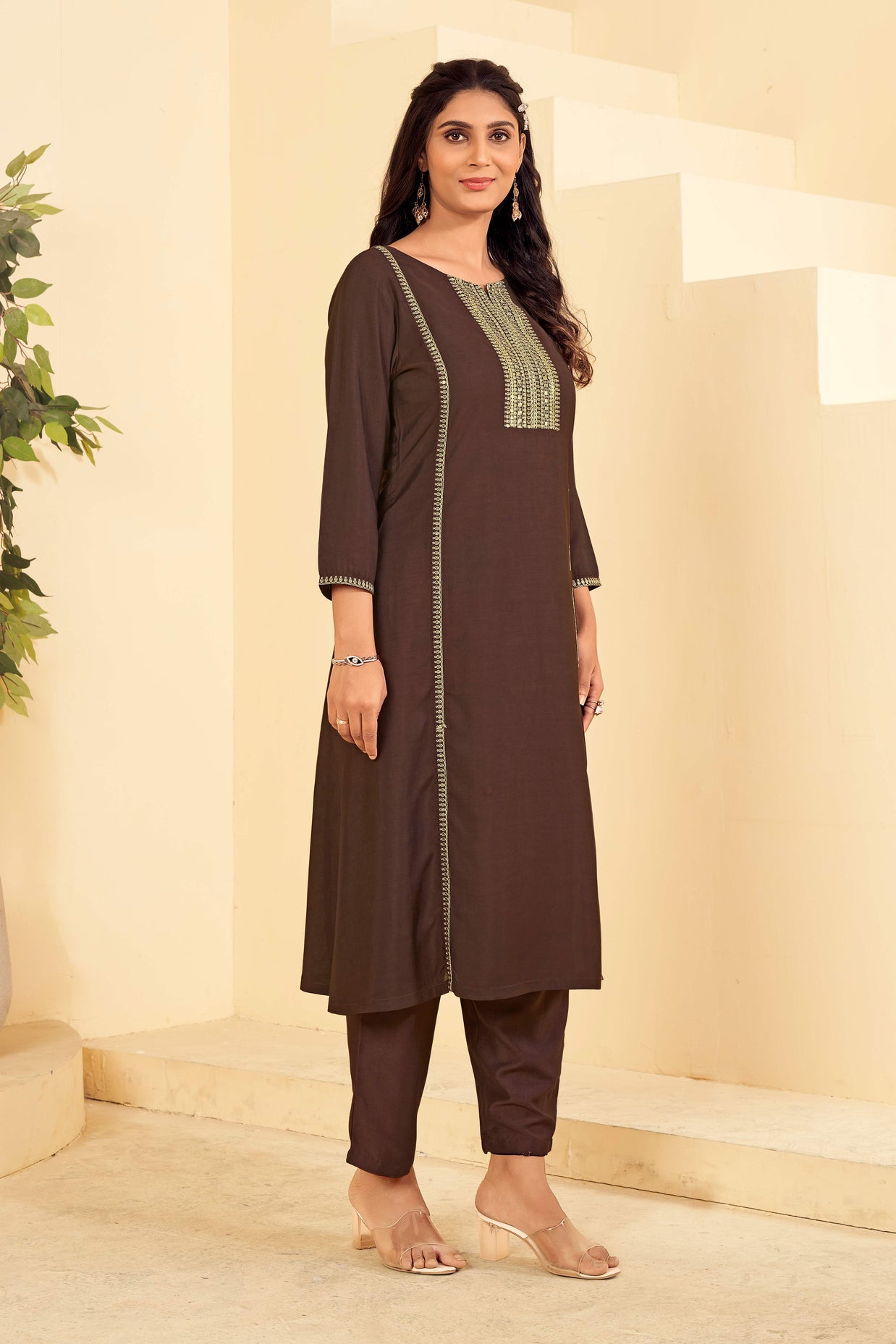 Laxmipati Tara Sequin Work Straight Kurta Set with Trousers & Dupatta in Brown Color