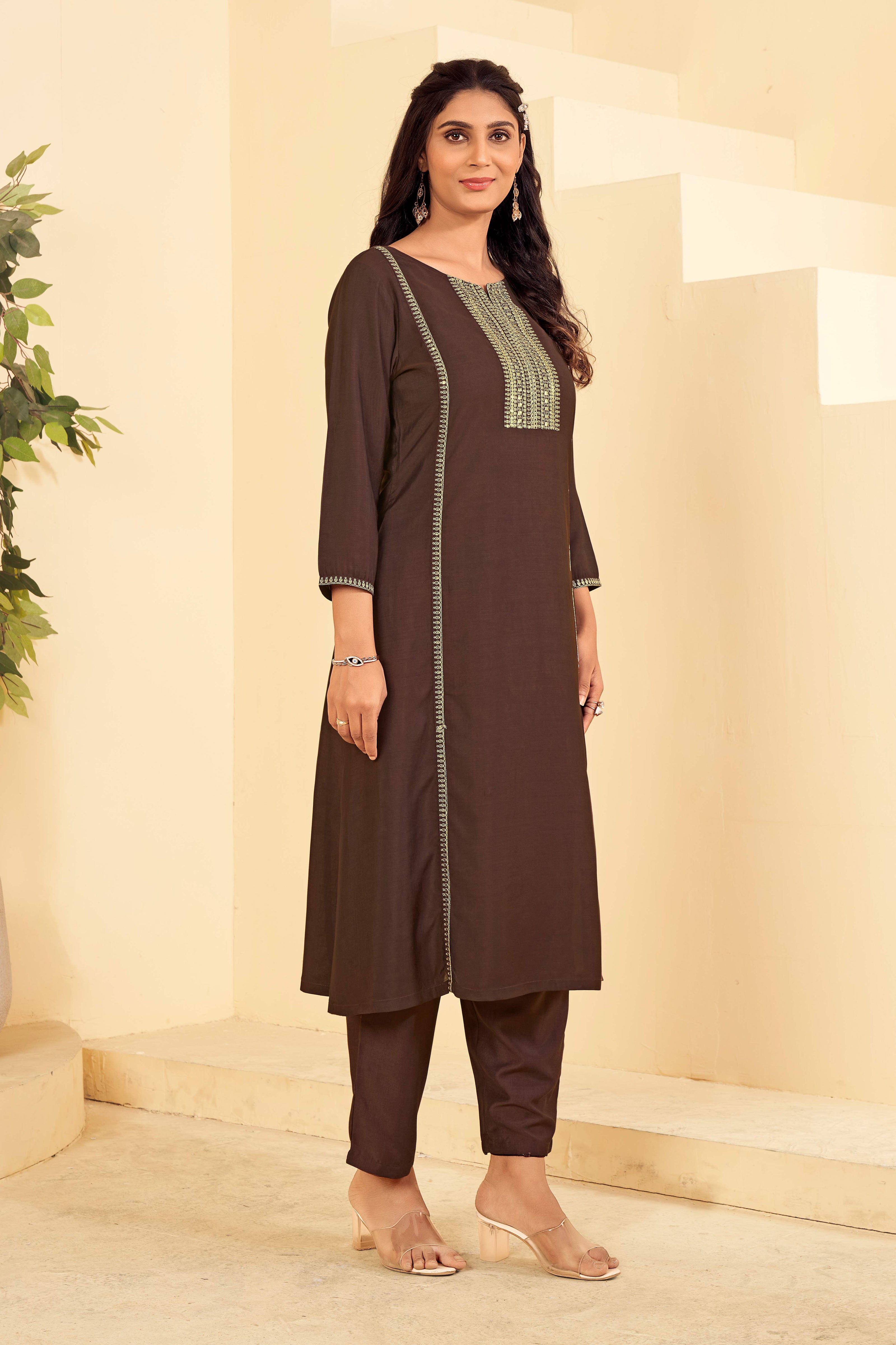 Laxmipati Tara Sequin Work Straight Kurta Set with Trousers & Dupatta in Brown Color