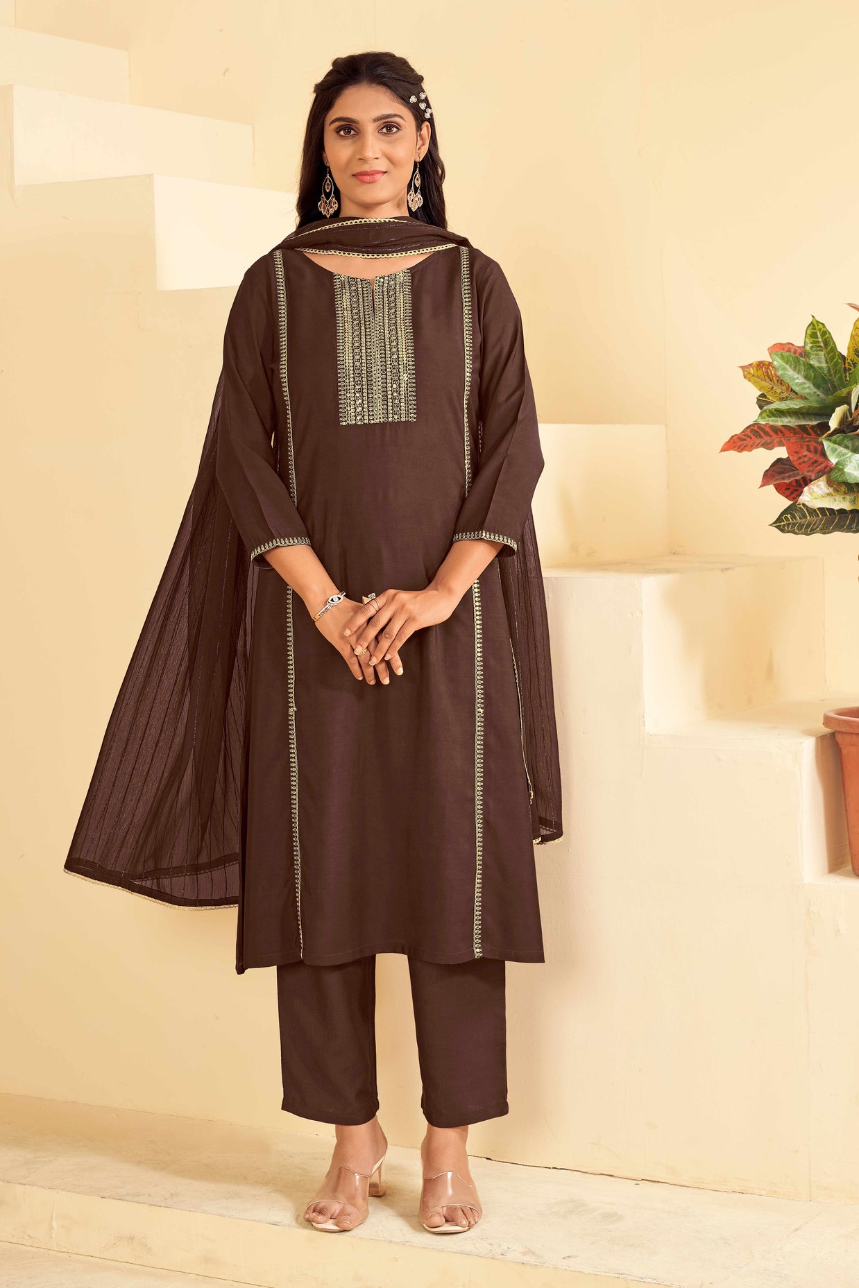 Laxmipati Tara Sequin Work Straight Kurta Set with Trousers & Dupatta in Brown Color