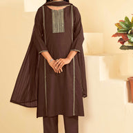 Laxmipati Tara Sequin Work Straight Kurta Set with Trousers & Dupatta in Brown Color