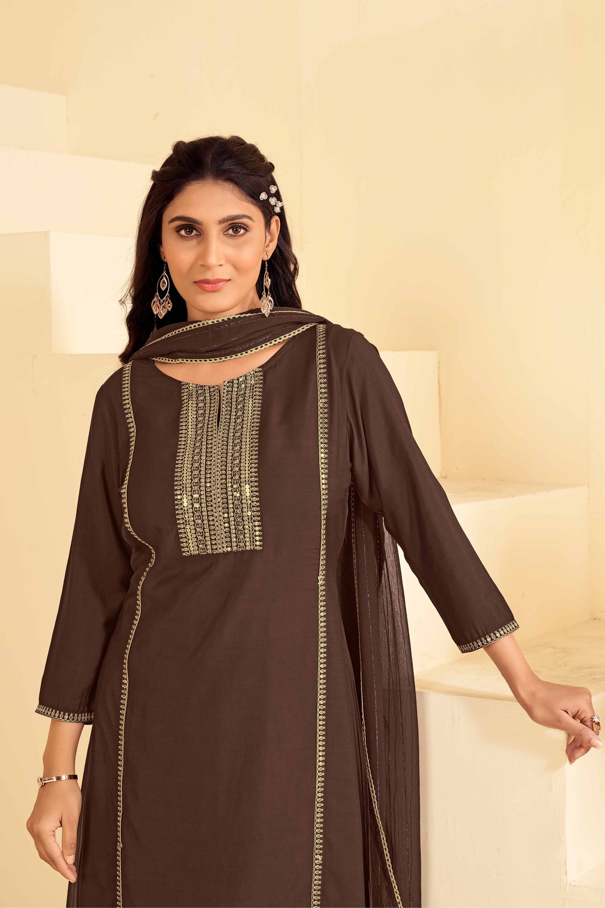 Laxmipati Tara Sequin Work Straight Kurta Set with Trousers & Dupatta in Brown Color