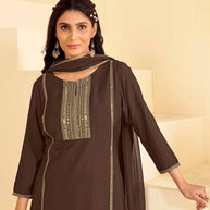 Laxmipati Tara Sequin Work Straight Kurta Set with Trousers & Dupatta in Brown Color
