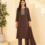 Laxmipati Tara Sequin Work Straight Kurta Set with Trousers & Dupatta in Brown Color