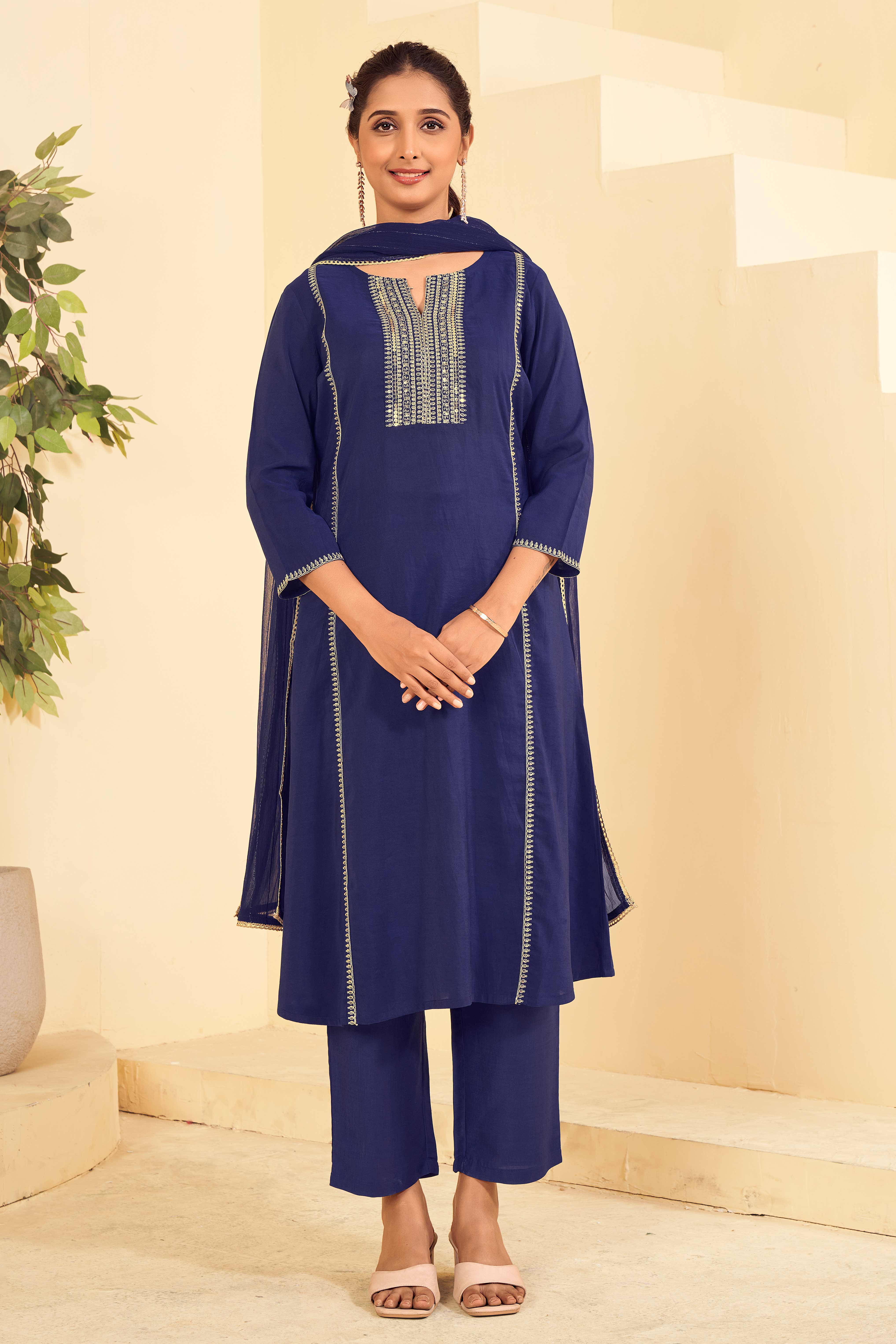 Laxmipati Tara Sequin Work Straight Kurta Set with Trousers & Dupatta in Blue Color