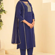 Laxmipati Tara Sequin Work Straight Kurta Set with Trousers & Dupatta in Blue Color