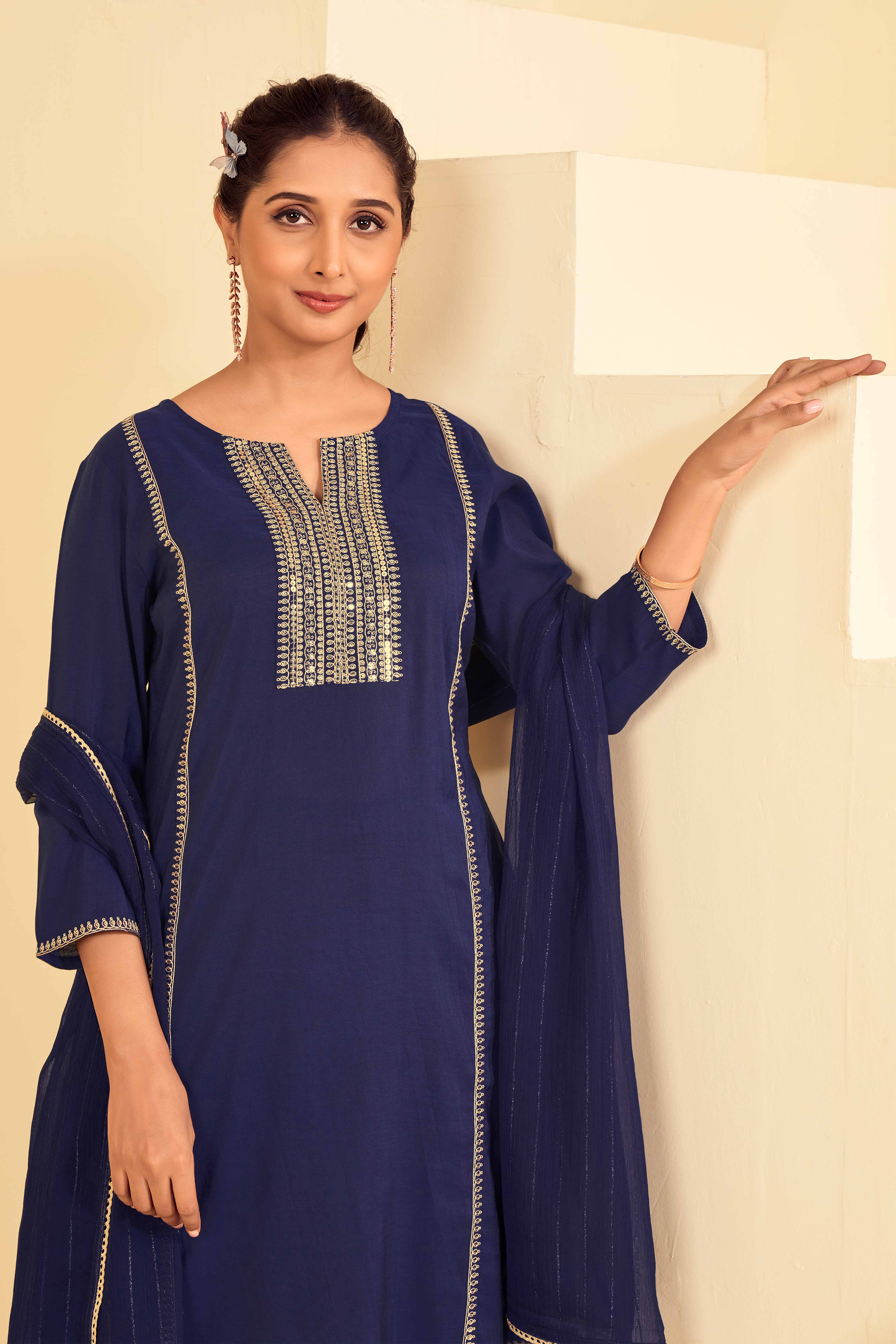Laxmipati Tara Sequin Work Straight Kurta Set with Trousers & Dupatta in Blue Color