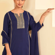Laxmipati Tara Sequin Work Straight Kurta Set with Trousers & Dupatta in Blue Color