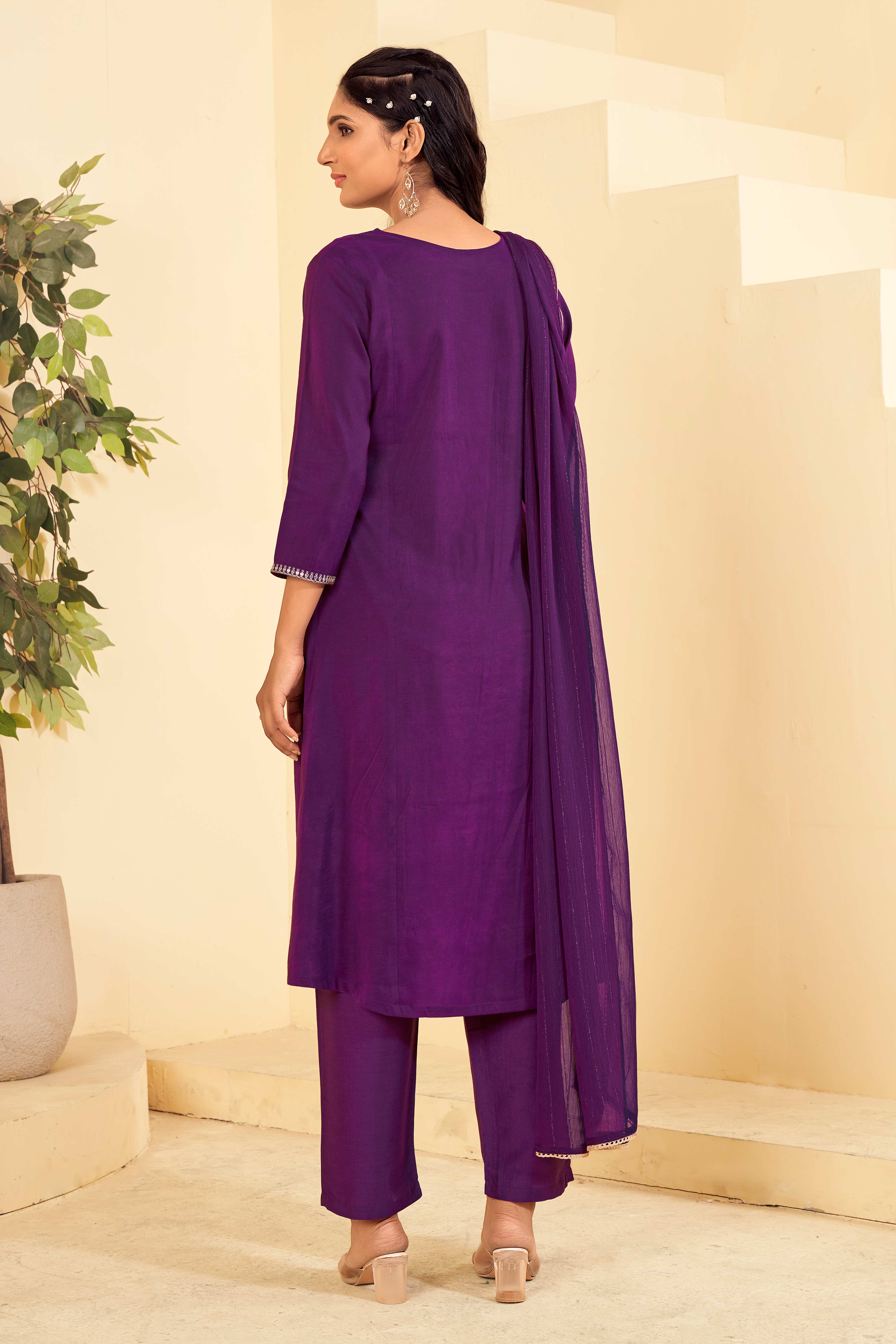Laxmipati Tara Sequin Work Straight Kurta Set with Trousers & Dupatta in Violet Color