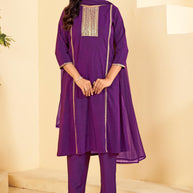 Laxmipati Tara Sequin Work Straight Kurta Set with Trousers & Dupatta in Violet Color