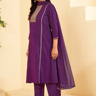 Laxmipati Tara Sequin Work Straight Kurta Set with Trousers & Dupatta in Violet Color