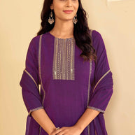 Laxmipati Tara Sequin Work Straight Kurta Set with Trousers & Dupatta in Violet Color