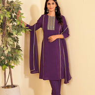 Laxmipati Tara Sequin Work Straight Kurta Set with Trousers & Dupatta in Violet Color