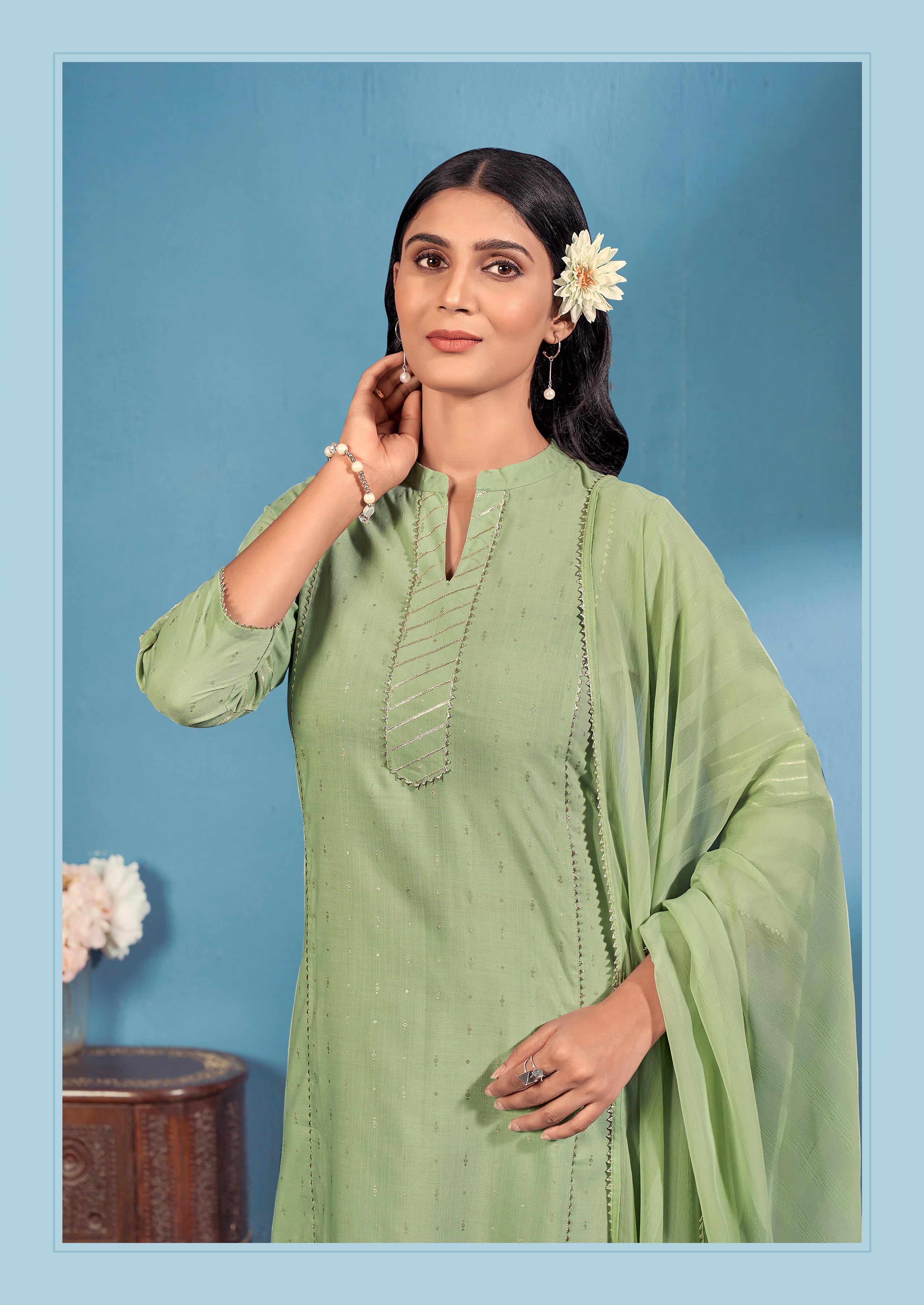 Laxmipati Bindiya Foil Print Straight Kurta Set with Trousers & Dupatta in Green Color