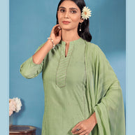 Laxmipati Bindiya Foil Print Straight Kurta Set with Trousers & Dupatta in Green Color