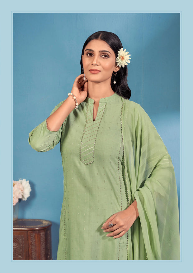 Laxmipati Bindiya Foil Print Straight Kurta Set with Trousers & Dupatta in Green Color