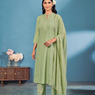 Laxmipati Bindiya Foil Print Straight Kurta Set with Trousers & Dupatta in Green Color