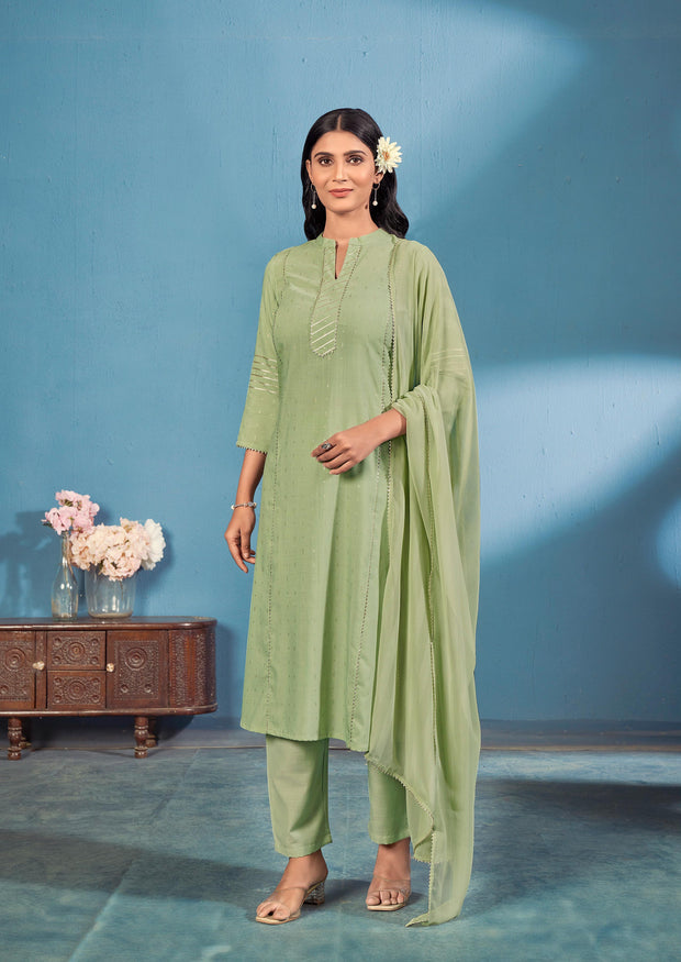 Laxmipati Bindiya Foil Print Straight Kurta Set with Trousers & Dupatta in Green Color