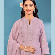 Laxmipati Bindiya Foil Print Straight Kurta Set with Trousers & Dupatta in Lavender Color