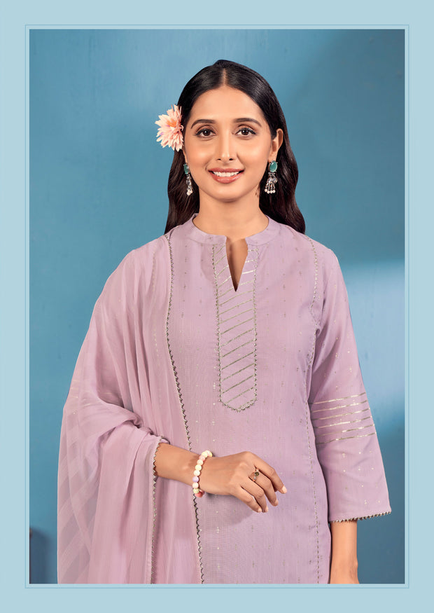 Laxmipati Bindiya Foil Print Straight Kurta Set with Trousers & Dupatta in Lavender Color