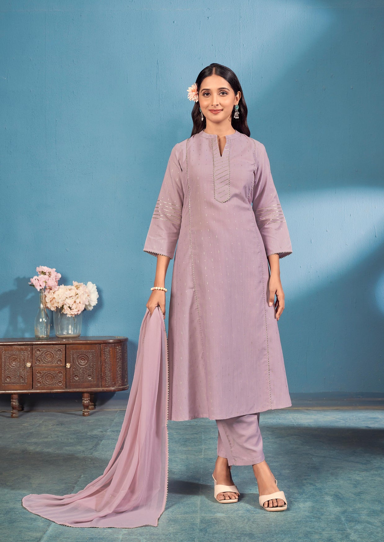 Laxmipati Bindiya Foil Print Straight Kurta Set with Trousers & Dupatta in Lavender Color