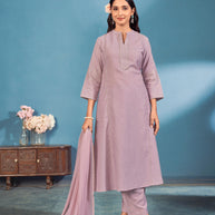 Laxmipati Bindiya Foil Print Straight Kurta Set with Trousers & Dupatta in Lavender Color