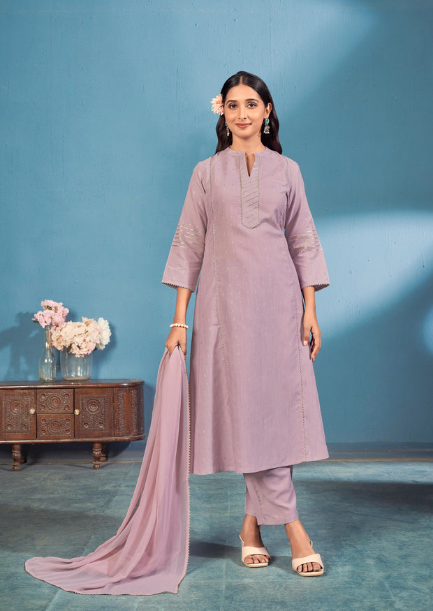 Laxmipati Bindiya Foil Print Straight Kurta Set with Trousers & Dupatta in Lavender Color