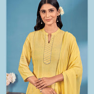 Laxmipati Bindiya Foil Print Straight Kurta Set with Trousers & Dupatta in Yellow Color