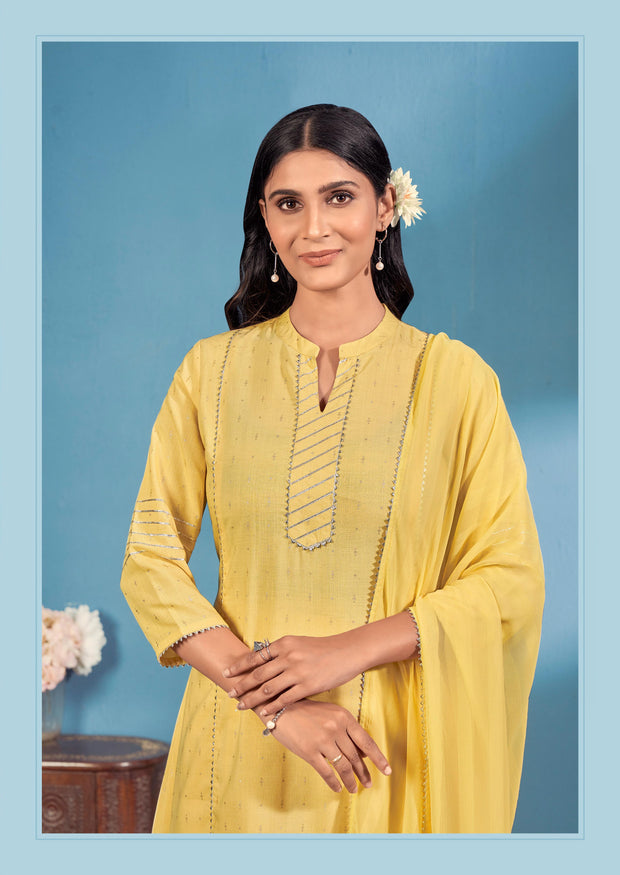 Laxmipati Bindiya Foil Print Straight Kurta Set with Trousers & Dupatta in Yellow Color