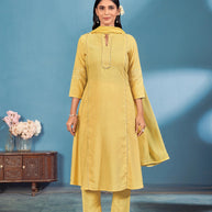 Laxmipati Bindiya Foil Print Straight Kurta Set with Trousers & Dupatta in Yellow Color