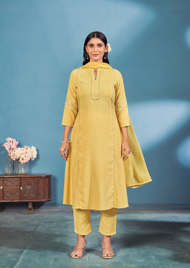 Laxmipati Bindiya Foil Print Straight Kurta Set with Trousers & Dupatta in Yellow Color