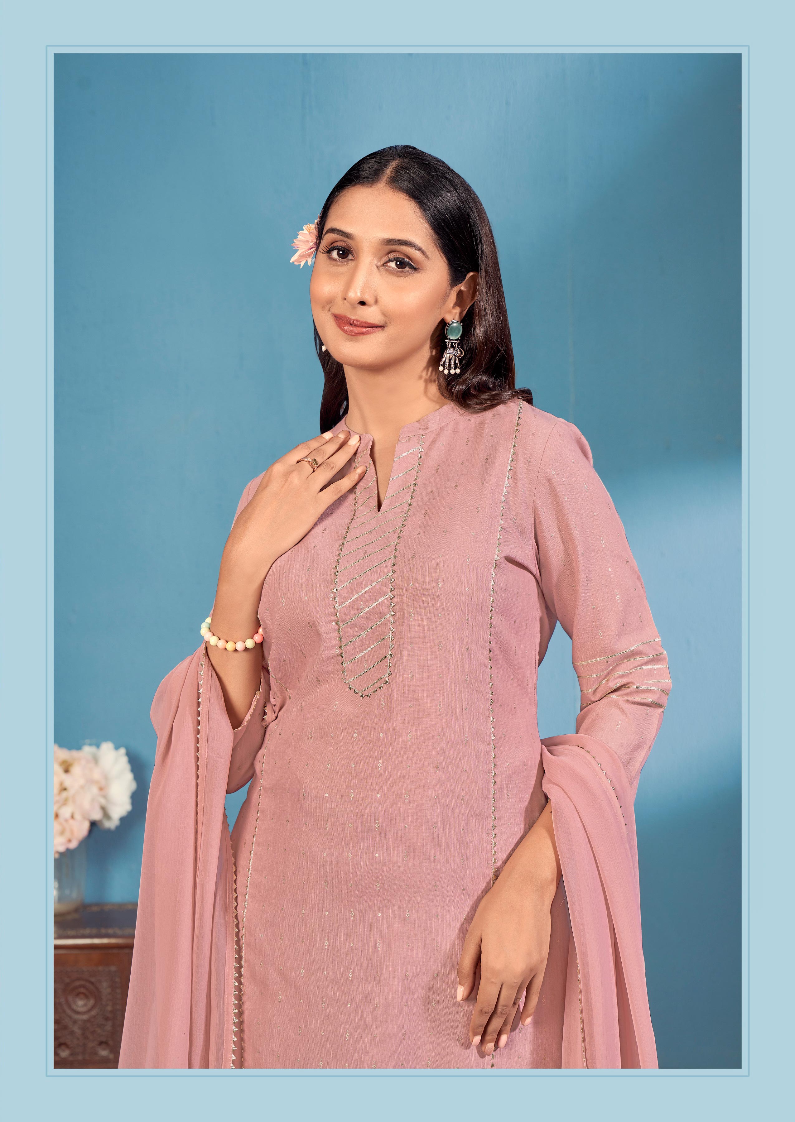 Laxmipati Bindiya Foil Print Straight Kurta Set with Trousers & Dupatta in Mauve Color