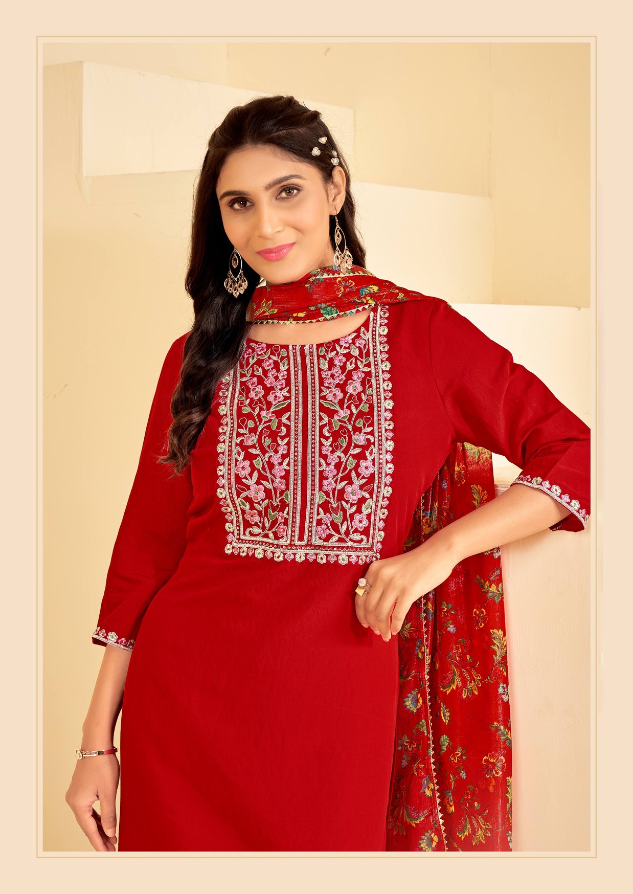 Red Embroidered Straight Kurta Set with Pant and Printed Dupatta-Bhumija