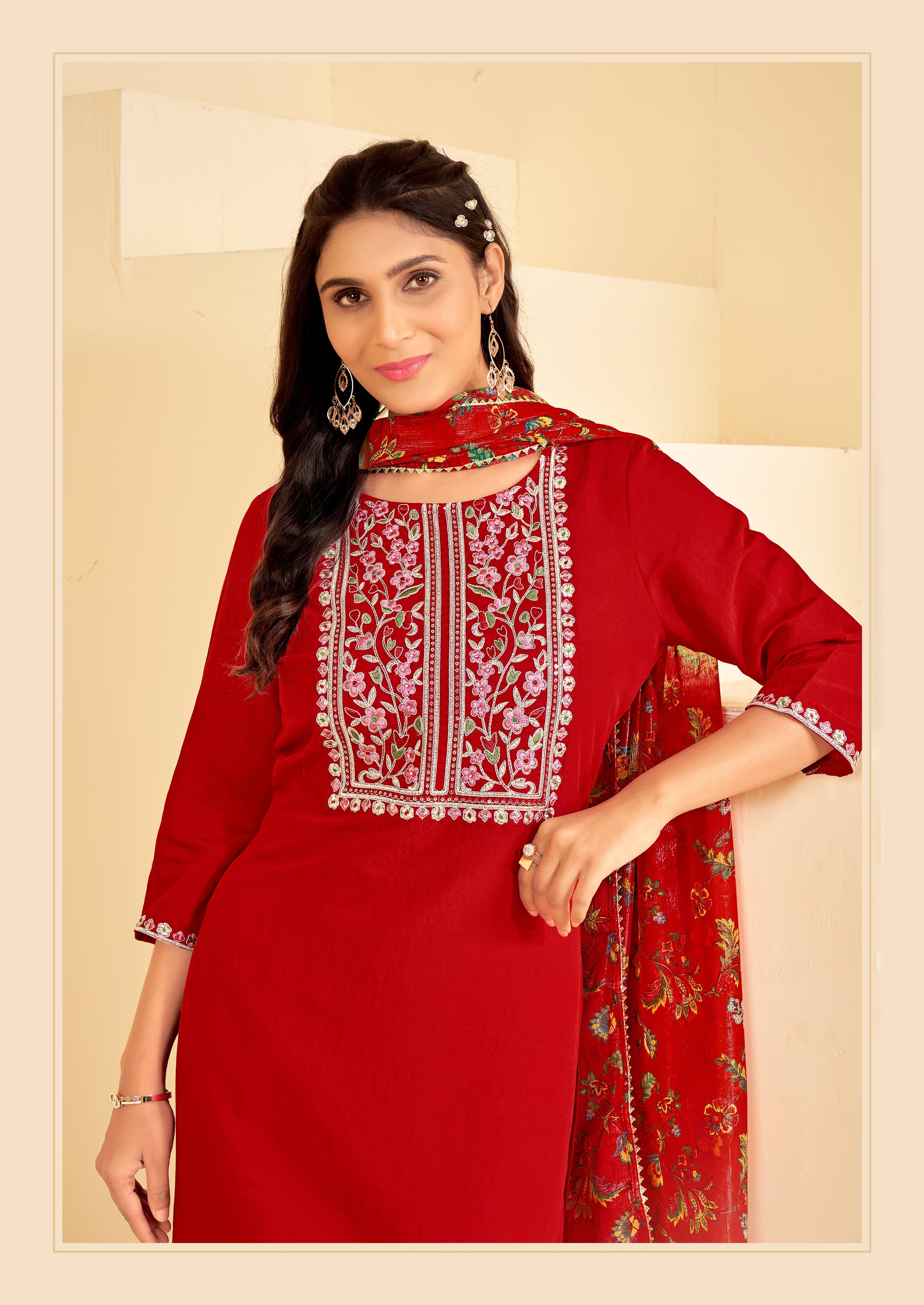 Red Embroidered Straight Kurta Set with Pant and Printed Dupatta-Bhumija