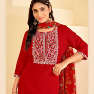 Red Embroidered Straight Kurta Set with Pant and Printed Dupatta-Bhumija