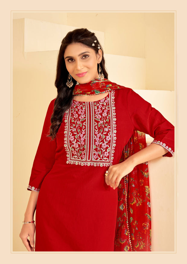 Red Embroidered Straight Kurta Set with Pant and Printed Dupatta-Bhumija