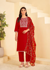 Red Embroidered Straight Kurta Set with Pant and Printed Dupatta-Bhumija