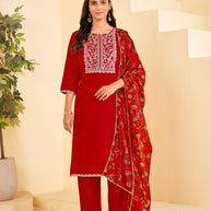 Red Embroidered Straight Kurta Set with Pant and Printed Dupatta-Bhumija