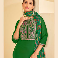 Dark Green Embroidered Straight Kurta Set with Pant and Printed Dupatta - Bhumija