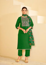 Dark Green Embroidered Straight Kurta Set with Pant and Printed Dupatta - Bhumija