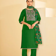 Dark Green Embroidered Straight Kurta Set with Pant and Printed Dupatta - Bhumija